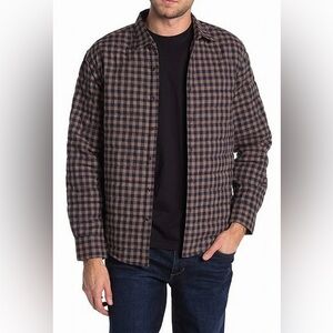 Thomas Dean Plaid Long Sleeves Crinkled Shirt Jacket Khaki Men's Size Large